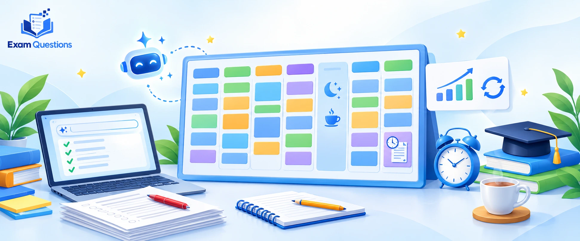 A Level revision timetable with AI assistance, featuring a weekly study planner, colour-coded revision blocks, past papers, and progress tracking for exam preparation.