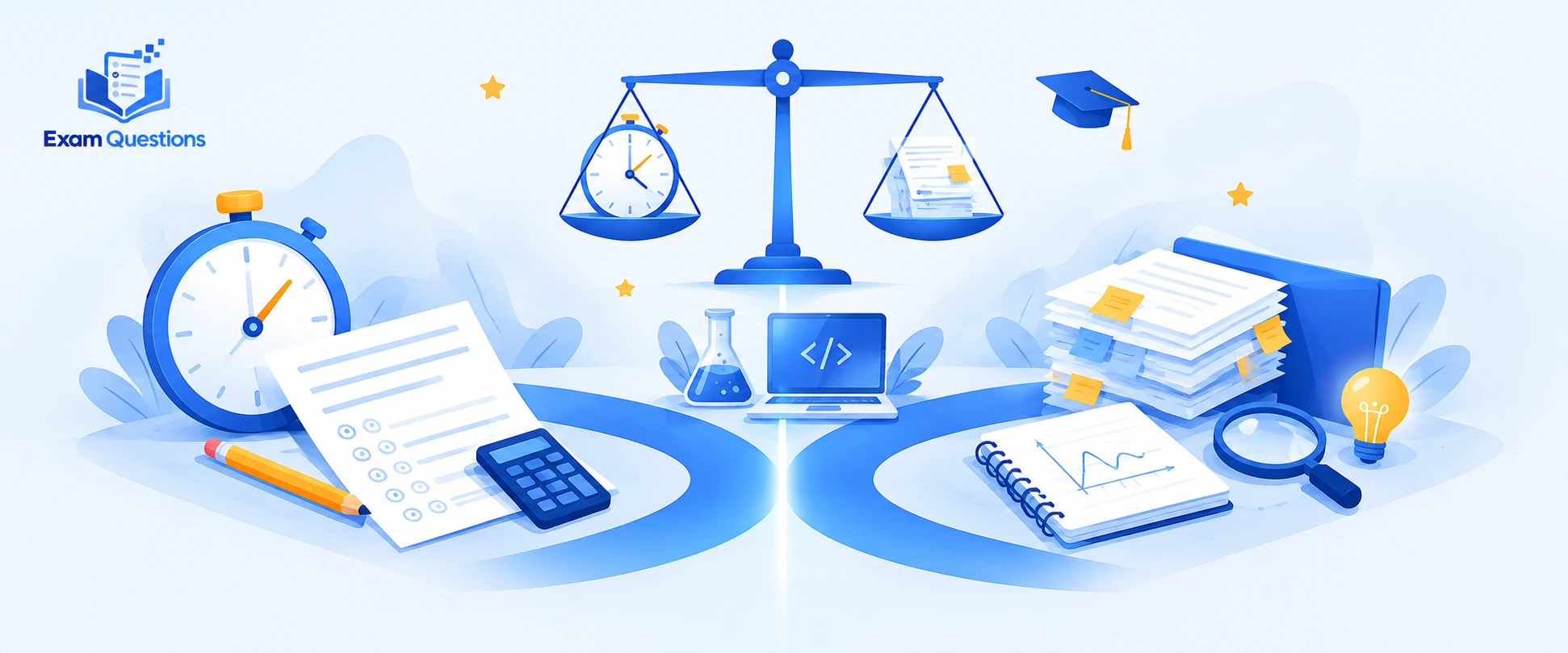A balance scale weighing a timed exam against a stack of coursework, with an exam paper, stopwatch and calculator on one side and project notes, a magnifying glass and a lightbulb on the other, illustrating A Level coursework vs exams by Exam Questions.
