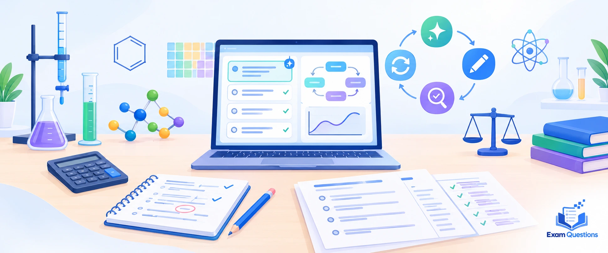 AI-powered A Level Chemistry (9701) revision desk with practice questions, reaction pathways, molecular models, laboratory glassware, and exam mark schemes by Exam Questions.