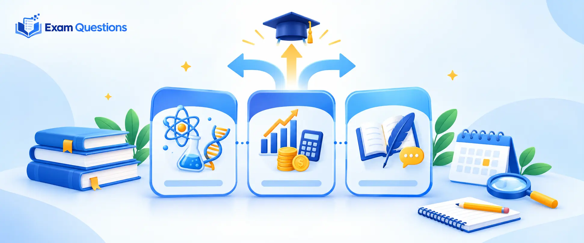 A Level subject groups infographic featuring science, commerce, and humanities icons, with the Exam Questions logo, illustrating subject choices for A Level students.
