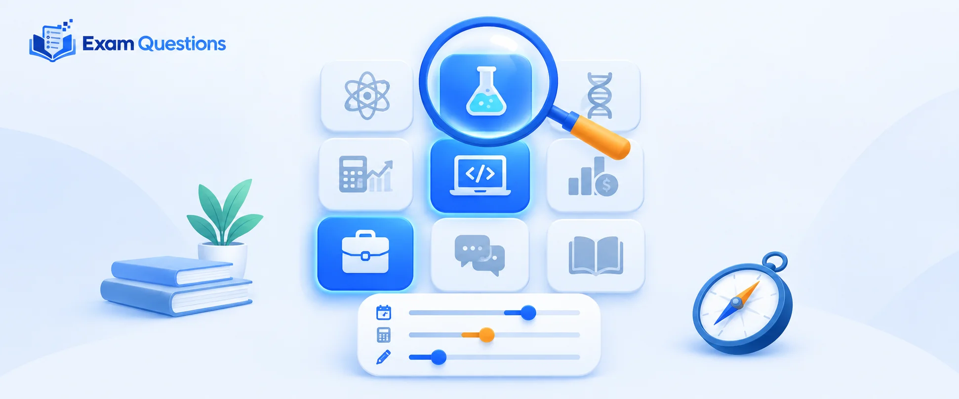 Illustration of A Level subject selection featuring highlighted subject tiles, a magnifying glass, comparison sliders, and a compass, representing choosing subjects based on a student's strengths and interests.