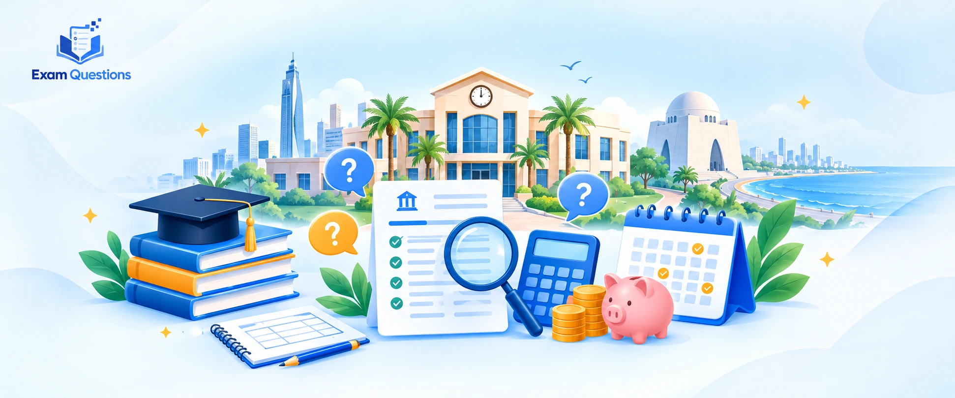 A Level college fees in Karachi, Pakistan, illustrated with a college campus, fee checklist, calculator, savings jar, payment calendar, and Exam Questions logo.