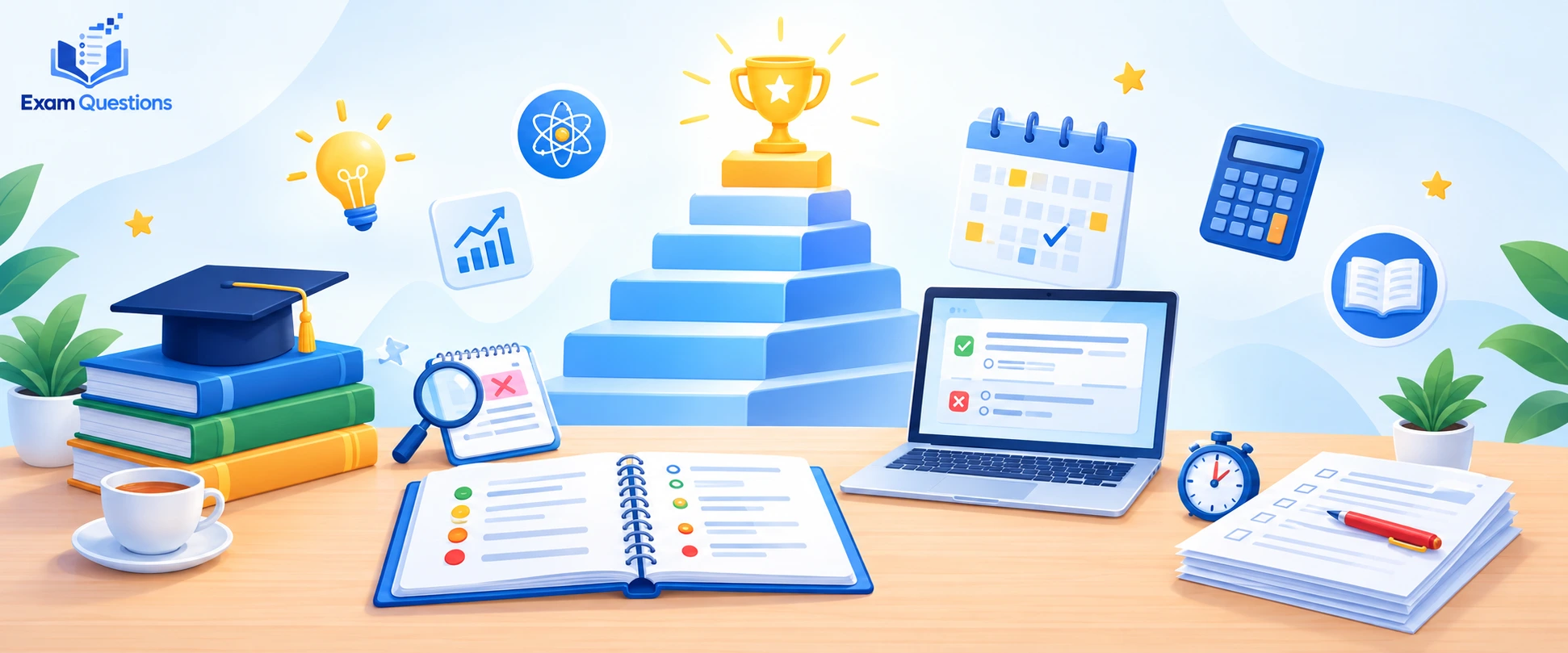 Exam Questions A Level exam preparation workspace with study books, laptop displaying exam questions, revision notes, calculator, and trophy symbolizing academic success.