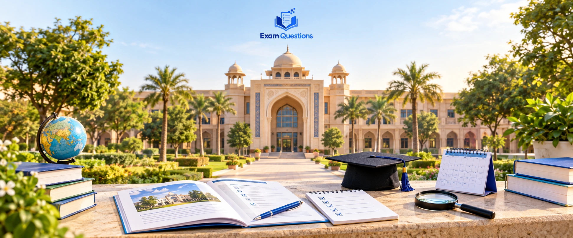 A Level schools in Lahore guide featuring a Mughal-inspired school campus, the Exam Questions logo, and study-planning essentials, including textbooks, a checklist, graduation cap, globe, and calendar.