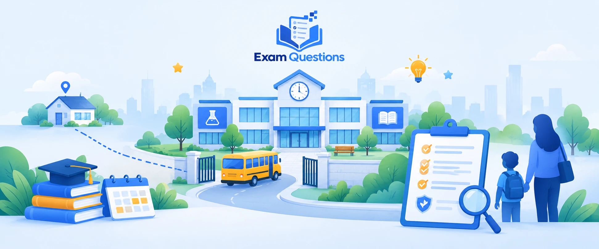 Premium illustration of a parent and child evaluating an A Level school, featuring a modern school campus, school bus, checklist, safety symbols, books, calendar, and a home-to-school route, with the Exam Questions logo above.