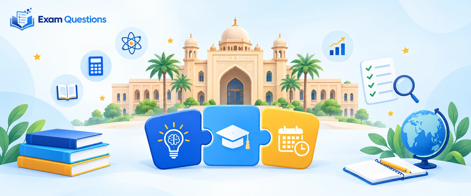 Choosing A Level subjects at a college in Lahore, Pakistan, with an illustrated campus, connected puzzle pieces representing strengths, degree plans, and course availability, and the Exam Questions logo.