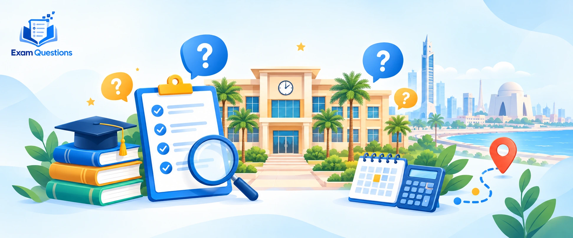 Questions to ask before choosing an A Level college in Karachi, Pakistan, featuring a college campus, student checklist, textbooks, tuition calculator, and commute planning icons.