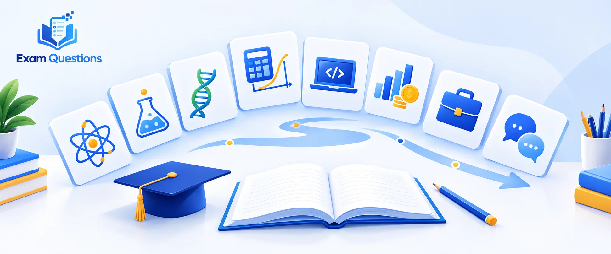 Premium educational illustration showing A Level subject icons, including physics, chemistry, biology, mathematics, computer science, economics, and business, connected by a blue pathway alongside an open notebook and graduation cap, for choosing A Level subjects in Pakistan.