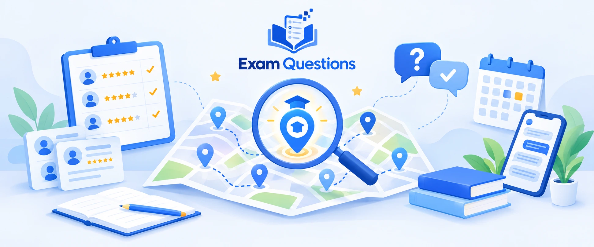 Exam Questions guide to finding a local A Level tutor, featuring a map with tutor location pins, a magnifying glass, tutor comparison ratings, chat icons, a calendar, and study materials.