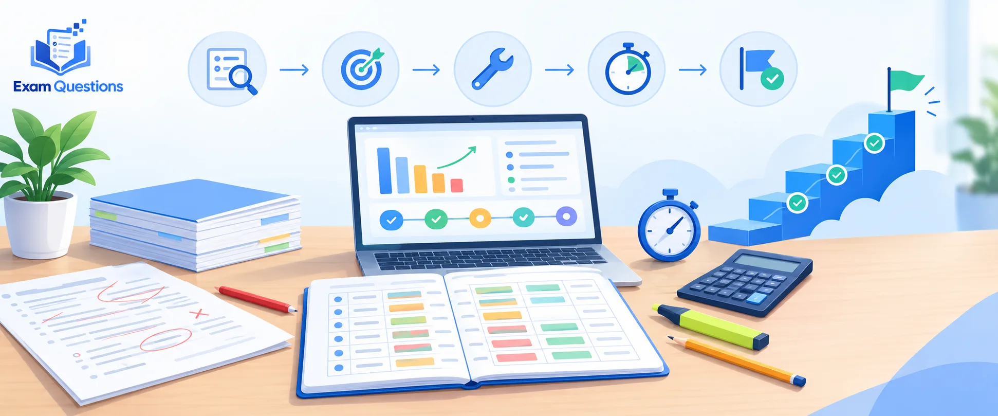 A Level resit revision study desk with exam papers, a diagnostic worksheet, laptop progress dashboard, timed practice tools and milestone steps illustrating how to prepare for A Level resits after disappointing results.