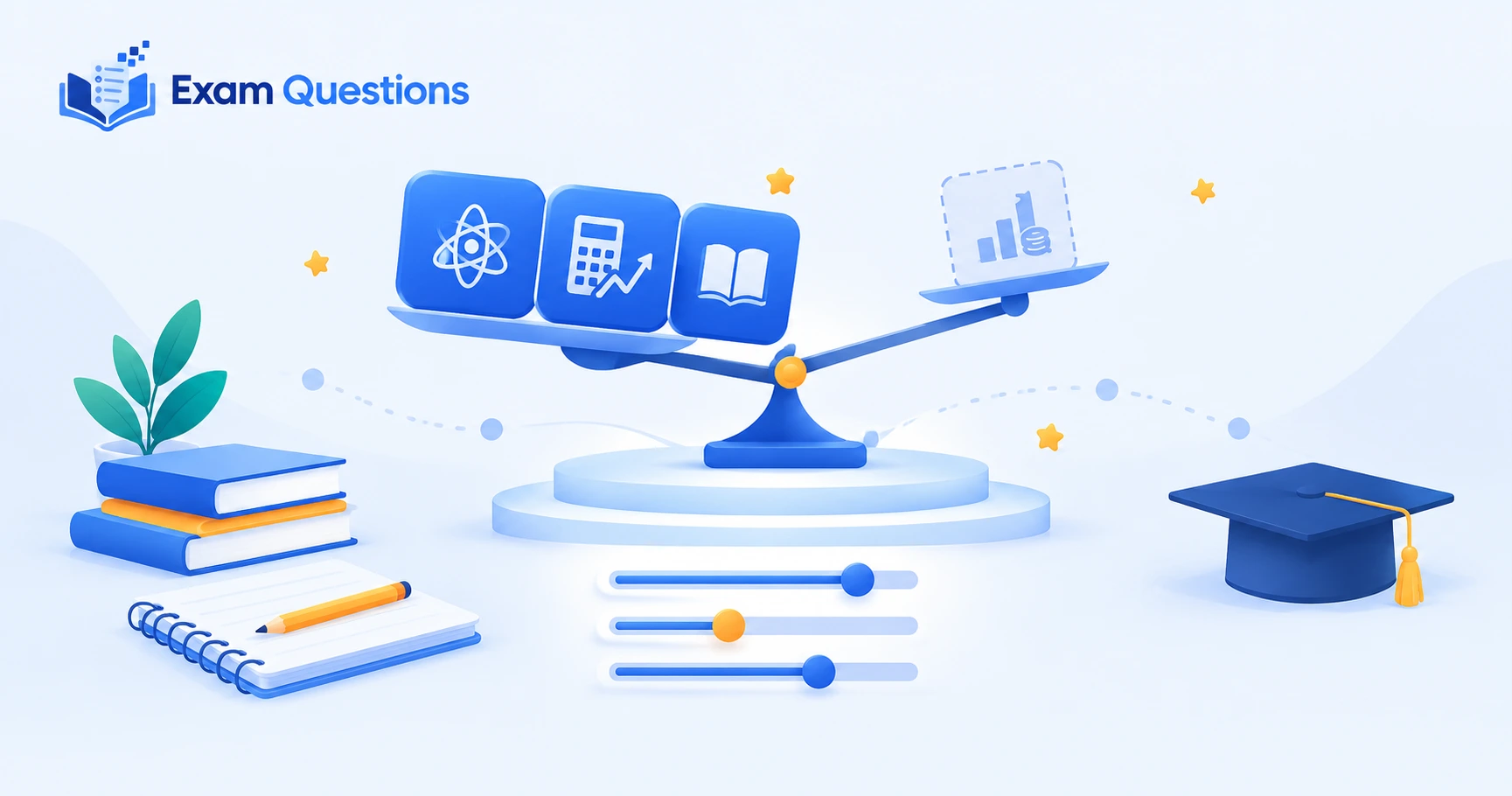 A Level subject selection illustration showing three core subject tiles balanced against an optional fourth subject, with study materials and a graduation cap, by Exam Questions.