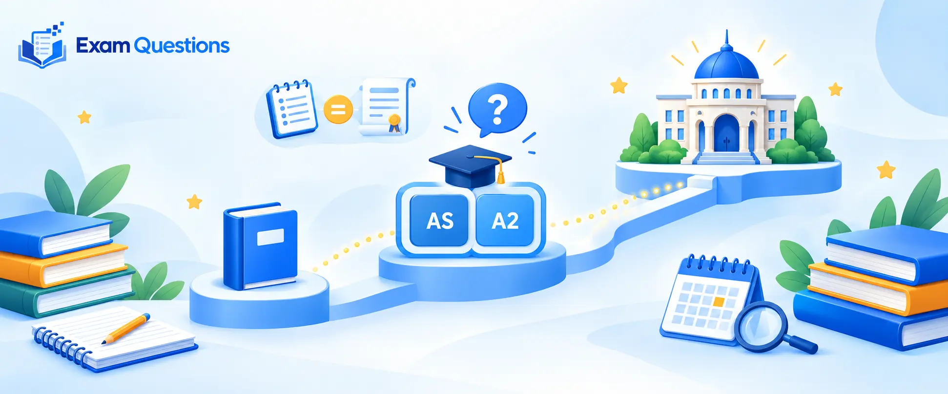 A Level education pathway in Pakistan showing O Level or secondary school, AS and A2 studies, and progression to university, with the Exam Questions logo, textbooks, graduation cap, and educational icons.