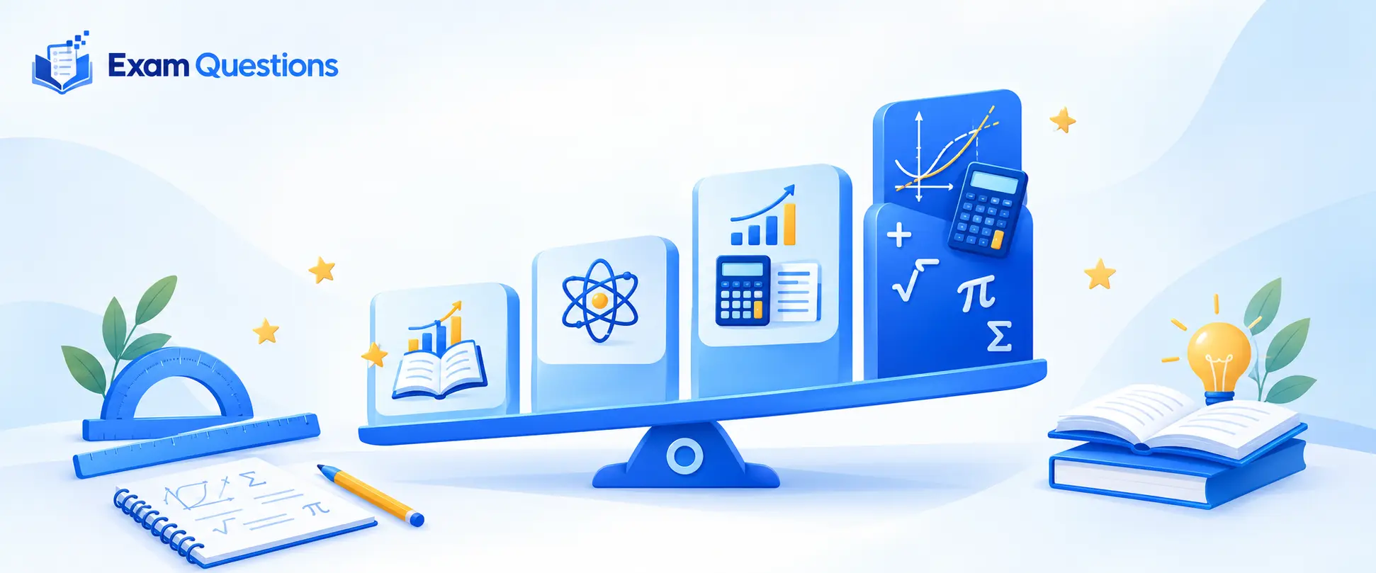 A Level subjects compared by maths difficulty, featuring Physics, Economics, Accounting, graphs, calculators, and mathematical symbols in an Exam Questions education banner.