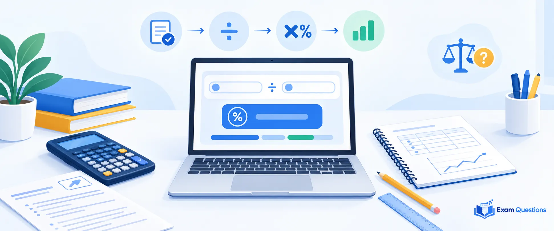 A Level Exam Percentage Calculator illustration showing a laptop with a percentage calculation interface, exam papers, a scientific calculator, and progress charts for calculating exam marks.