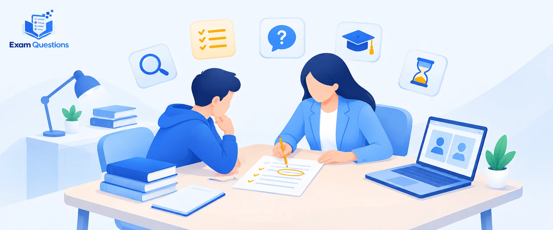 Illustration of an A Level student receiving personalised tutoring, with exam paper feedback, study resources, and online learning tools on a desk.