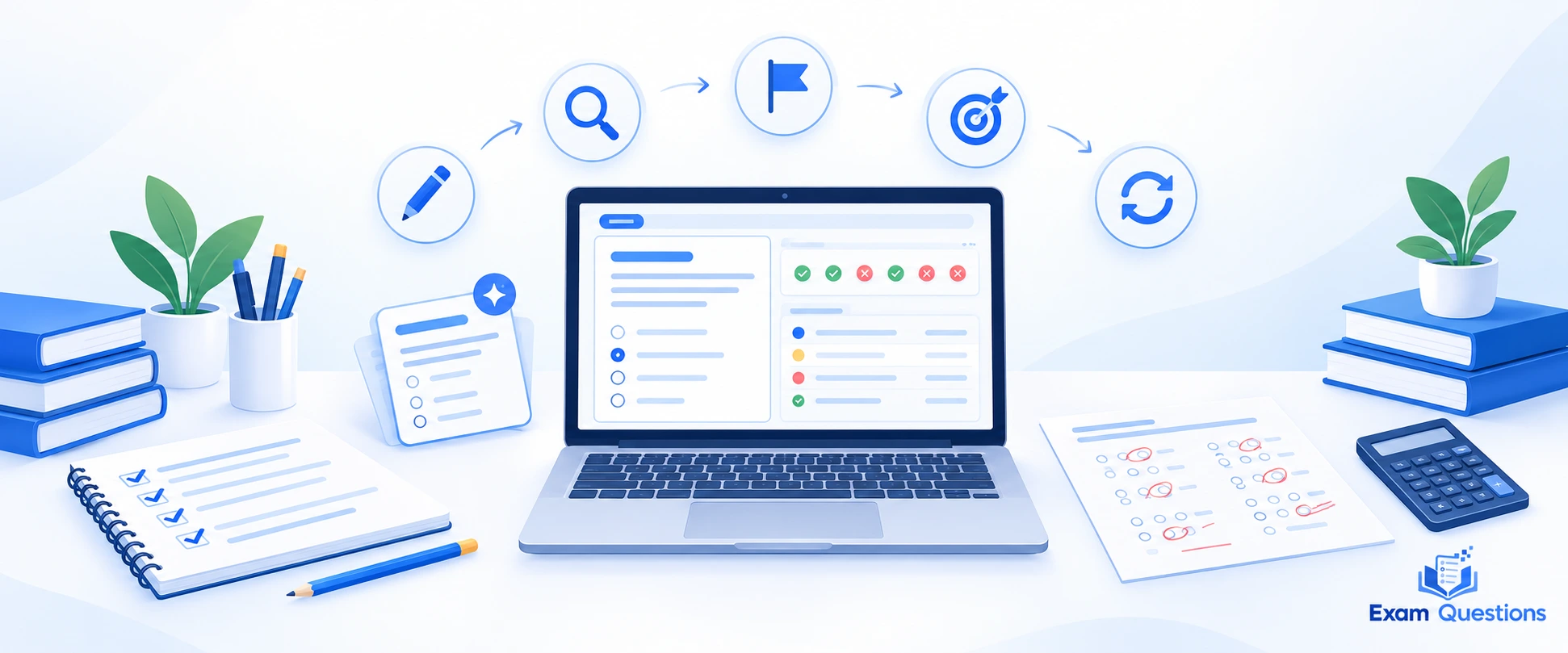 A Level exam question practice and mistake review process on a laptop with answer corrections, a revision checklist, and the Exam Questions logo.