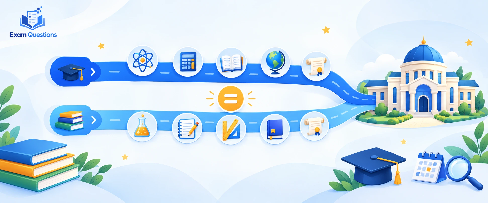 A Levels vs Intermediate in Pakistan comparison showing two academic pathways leading to university, with education icons and the Exam Questions logo.
