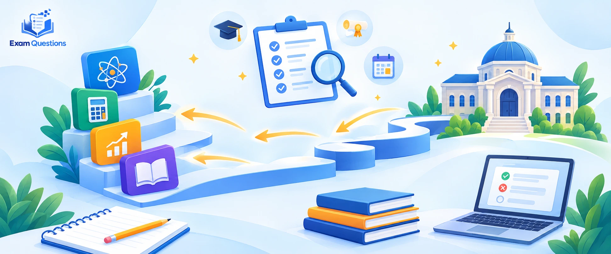A Level subject selection guide showing a path from core subjects to university, with a checklist, graduation symbols, and exam preparation tools by Exam Questions.