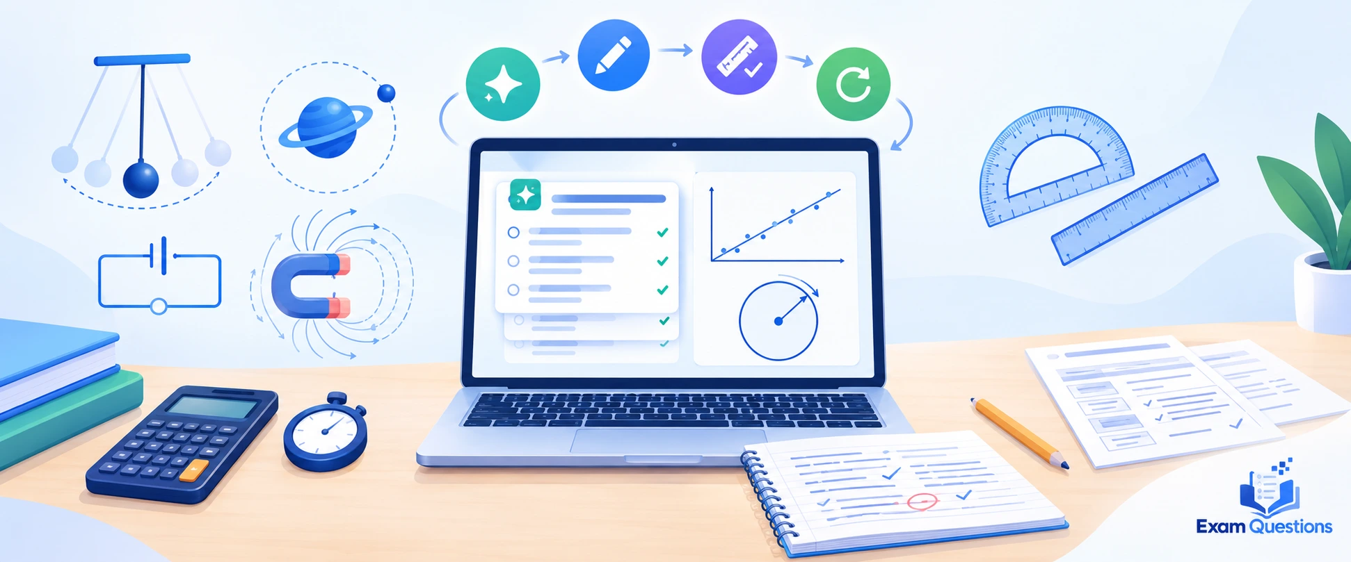 AI-powered A Level Physics (9702) revision and practice setup with a laptop displaying physics questions, a graph and circular motion diagram, surrounded by scientific study tools and the Exam Questions logo.