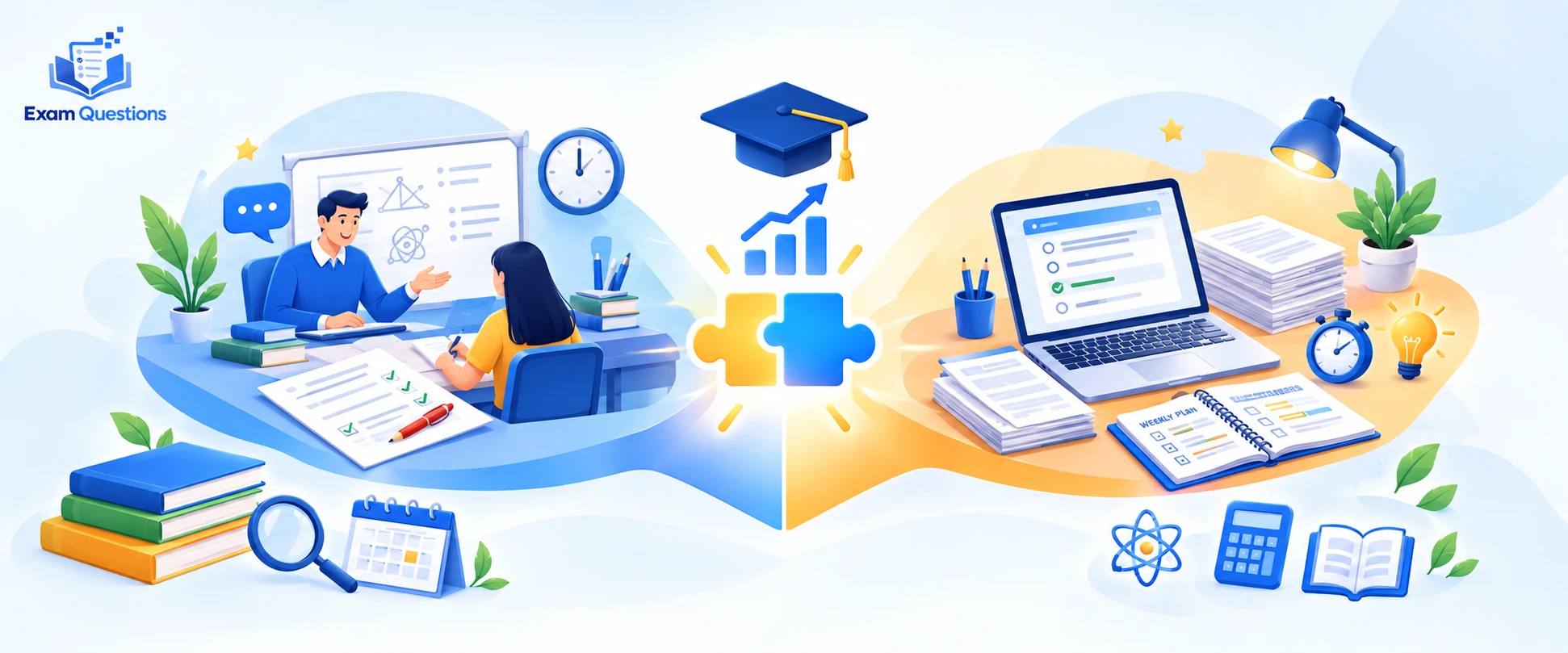 Private tutoring vs self-study for A Level exam preparation, featuring a tutor, practice papers, online quizzes, and study planning with Exam Questions.